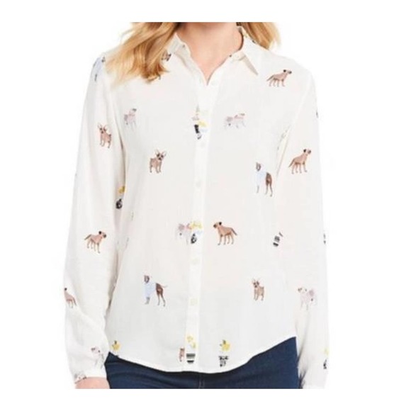 Joules Elvina Dog Print Button Up Shirt White Blouse LS Women's Size 2 H13483 - Picture 3 of 14